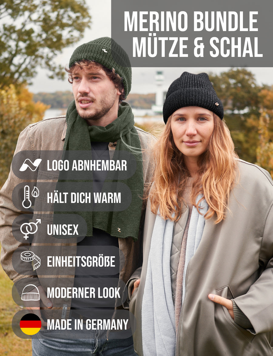 Merino Strickmütze & Schal Set in olive