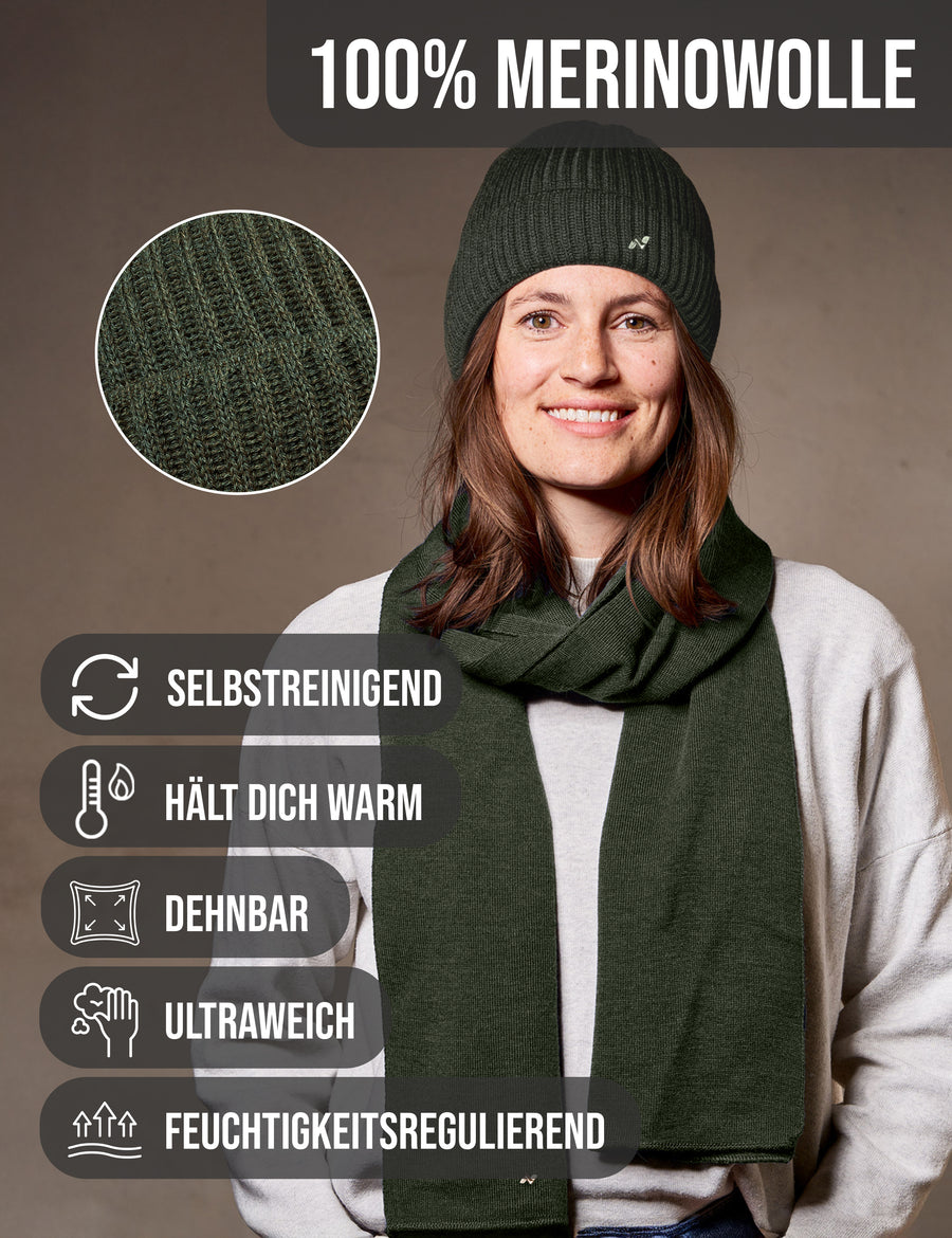 Merino Strickmütze & Schal Set in olive