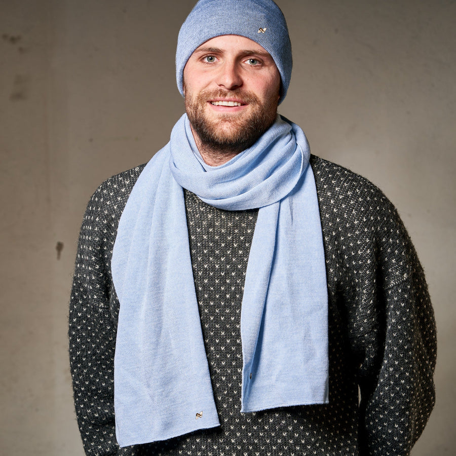 Merino Beanie & Schal Set in hellblau