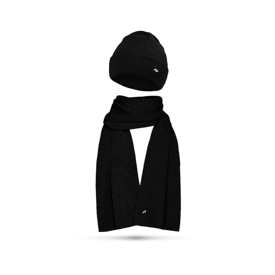 Merino Beanie & Schal Set in schwarz