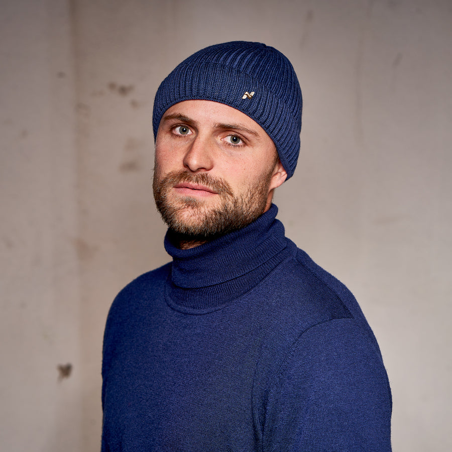 Merino Strickmütze in jeansblau
